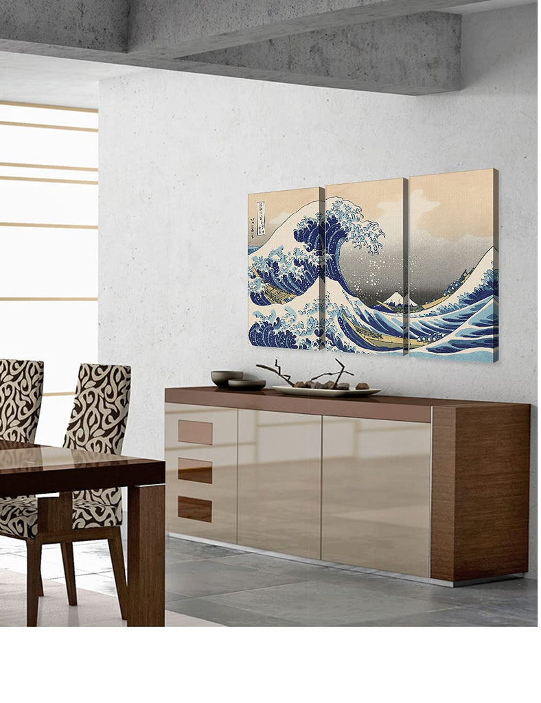 The Great Wave off Kanagawa, Hokusai 3 Piece Canvas, 36x24''