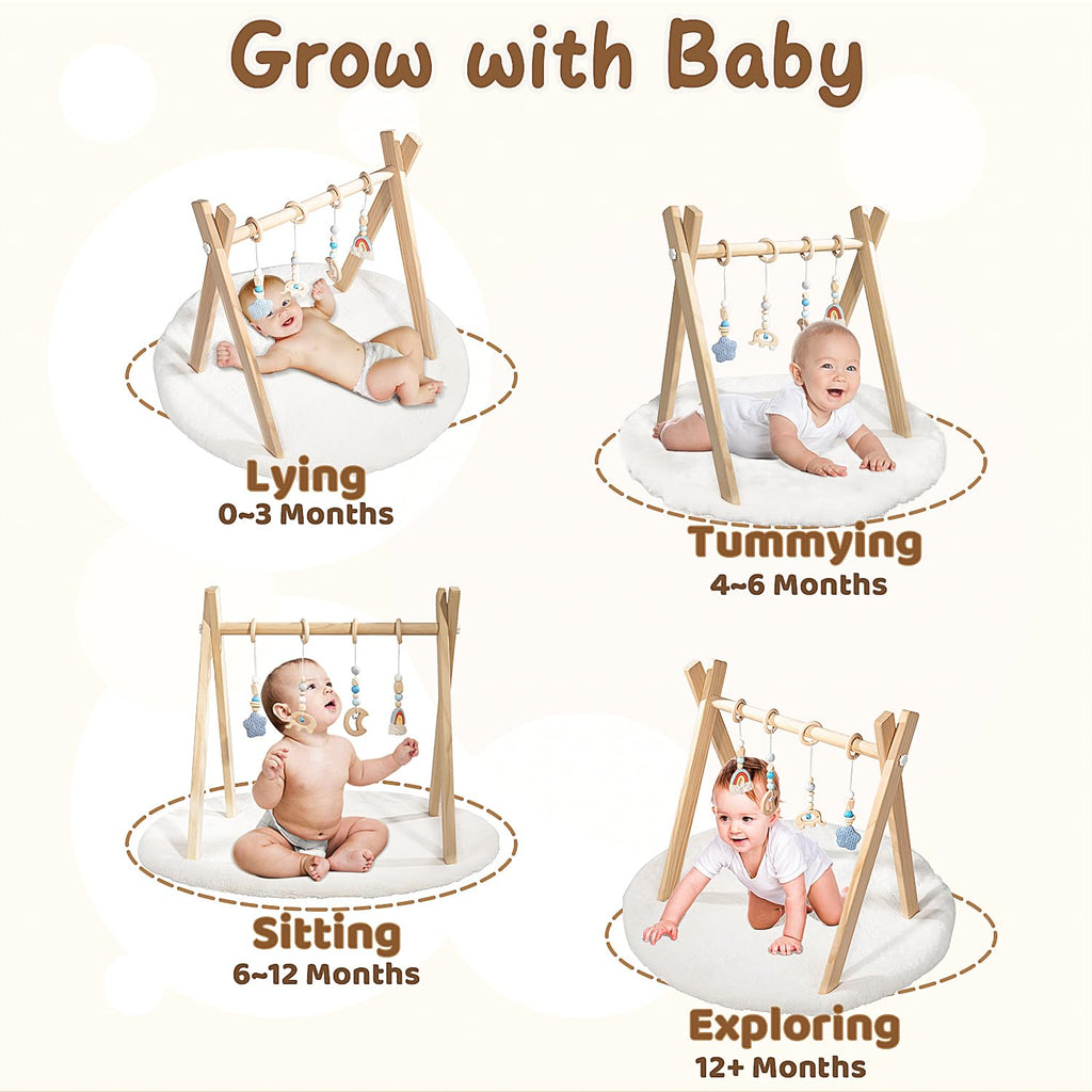 Wooden Baby Play Gym with Activity Mat, Foldable Baby Gym Frame with Hanging Sensory Toys for Newborn, Tummy Time