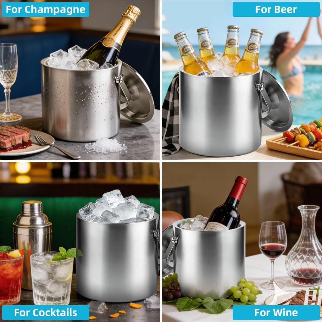 4L Double-Wall Stainless Steel Ice Bucket with Lid & Tongs