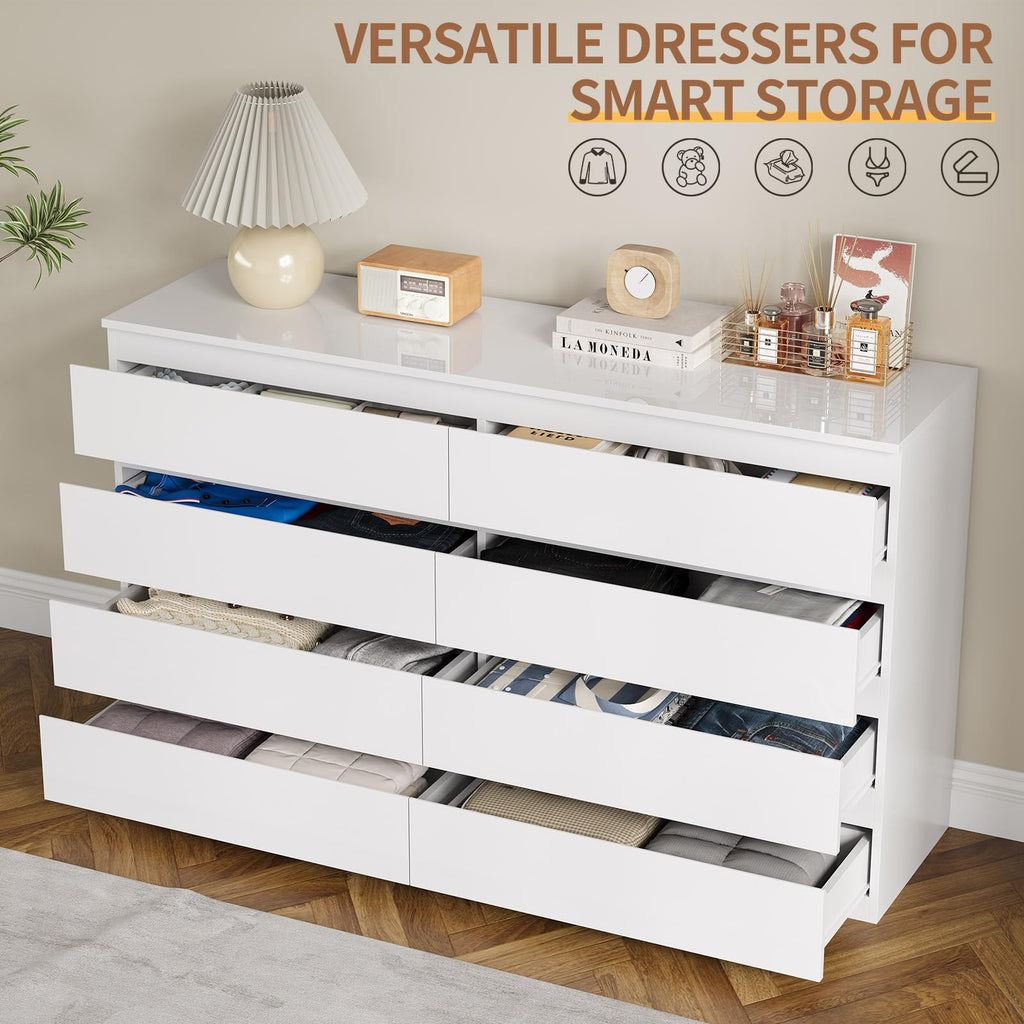 8 Drawer Dresser 55" Wide White Wood Modern Chest