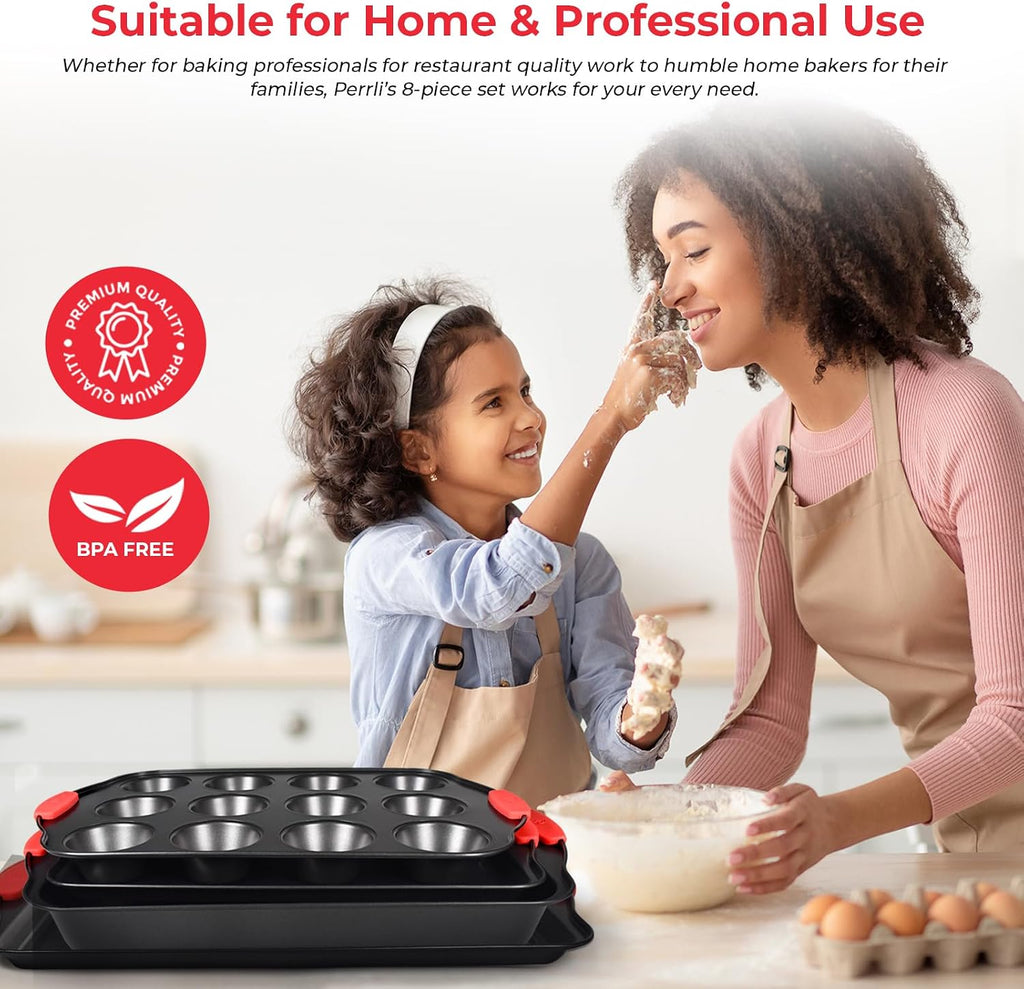 Non-Stick 8-Piece Pan Set, BPA-Free Carbon Steel Bakeware Set with Silicone Handles, Stackable Kitchen Oven Set