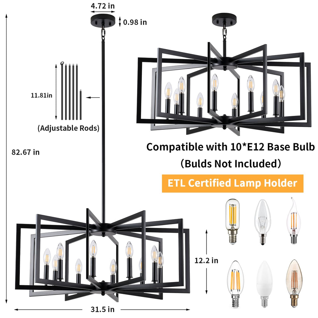 Black Chandelier, 10-Light Kitchen Chandelier Light Fixture Modern Metal Industrial Large Chandeliers for Farmhouse