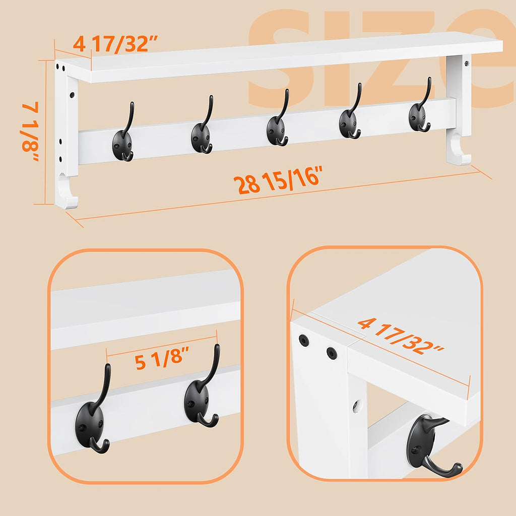 Coat Rack Wall Mount with Shelf, 28.9 Inches Coat Hooks Wall Mounted with 5 Hooks, Hat Wall Hooks for Hanging (White