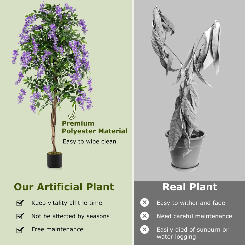 6FT Ficus Artificial Tree, 2 Pack Faux Wisteria Tree Pot with Purple Lifelike Flowers, Fake Potted Tree Greenery
