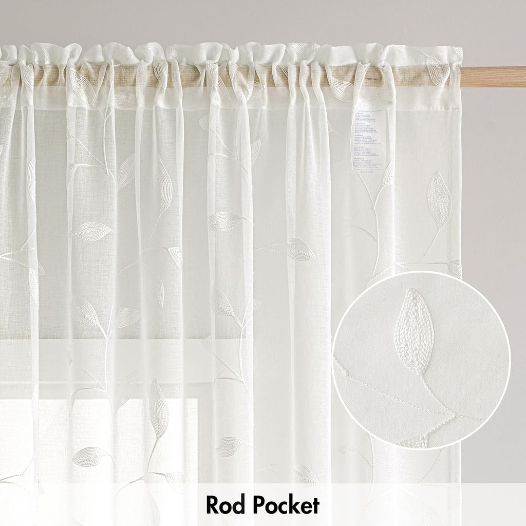 Ivory Sheer Curtains 2 Panels Embroidered Leaf Patterned, W52 x L84
