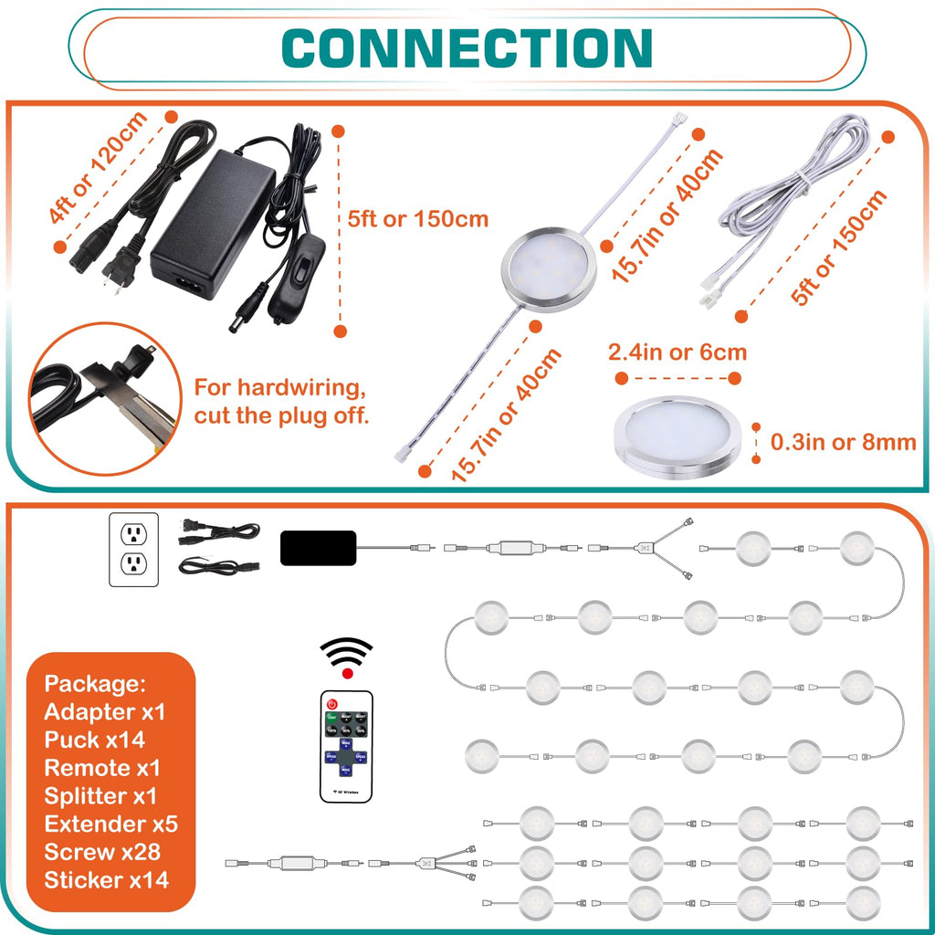 Under Cabinet LED Puck Lights, Counter Closet Lighting, Daisy Chained linkable, 110V Plug-in & Direct Hardwiring