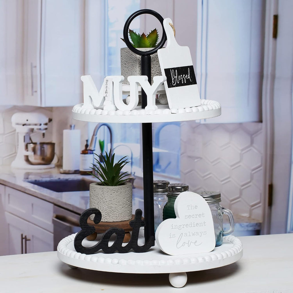 GENMOUS Farmhouse Kitchen Tiered Tray Decor Items Mini Set, Rustic Black and White Kitchen Counter Decor, Two Tiered - Set of 4