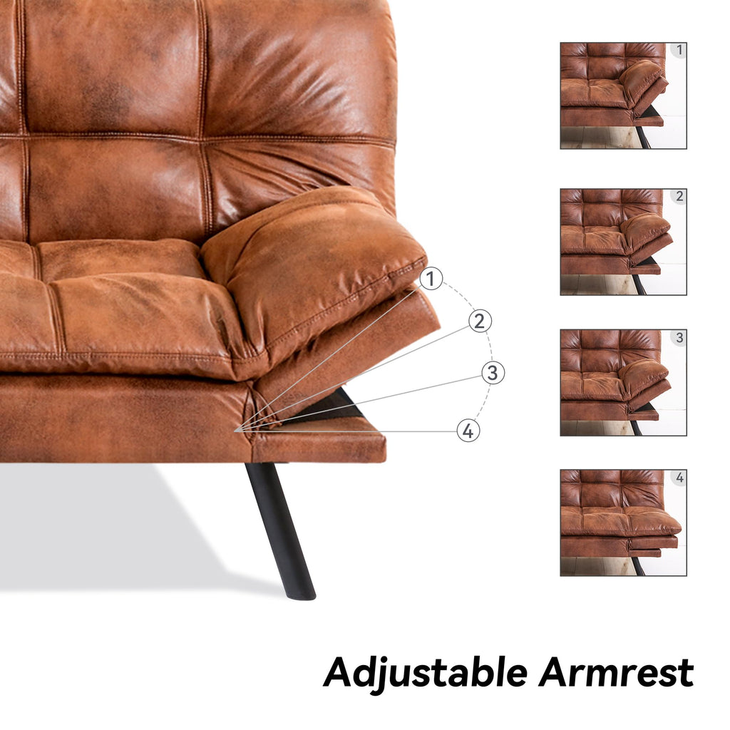Saddle Brown Faux Leather Futon Sofa Bed, Convertible Futon Couch