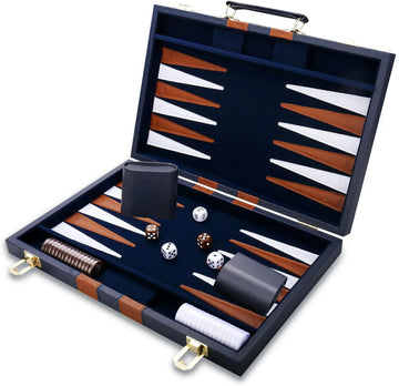 Backgammon Set - Classic Board Game with Premium PU Leather Case - Portable Travel Strategy Backgammon Game Set