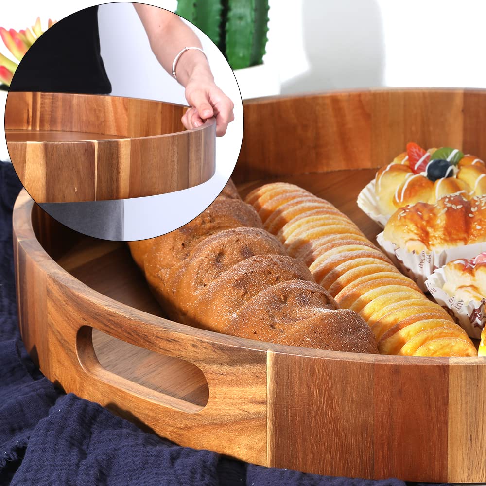 Extra Large Round Serving Tray, 20INCH, Heavy Duty Acacia Wood Trays for Big Ottoman Coffee Table Counter Giant