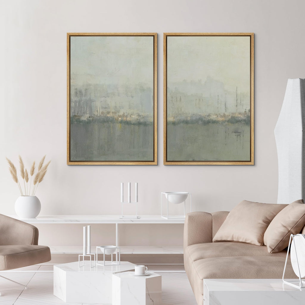 Framed Canvas Print Wall Set Abstract Skyline Cityscape in Muted Gray and Soft Blue Tones Illustrations Modern