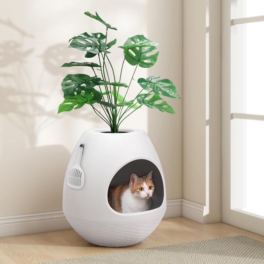 Eggloa6 Plant Litter Box, Hidden Cat Litter Box with Artificial Plants, DIY Litter Box Furniture (Light White)