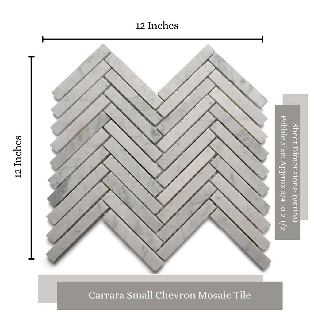 Carrara Small Chevron Mosaic Tile - 12" x 12" Hand-Sorted Polished Natural River Stone Kitchen Backsplash and Wall