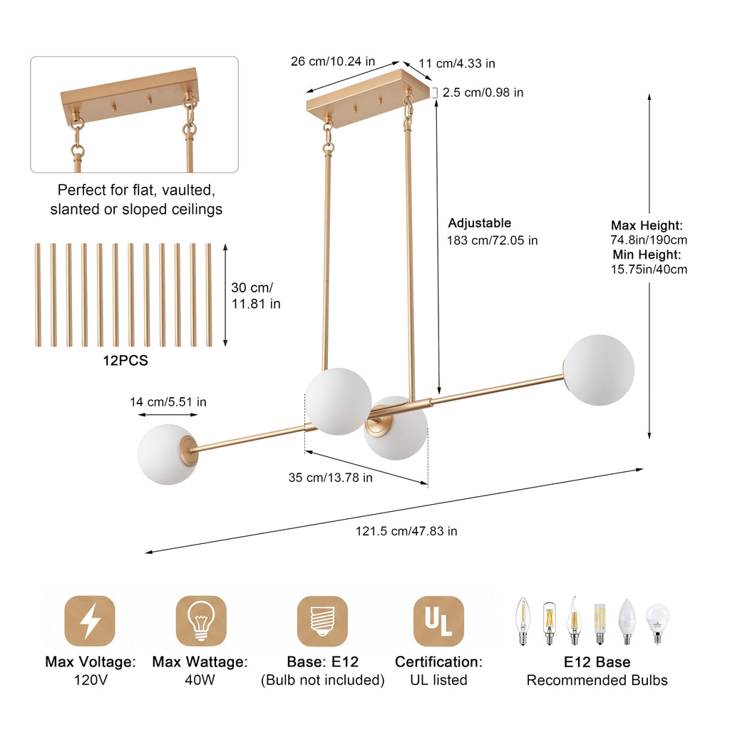 Gold Linear Chandelier, 48-Inch Frosted Globe Island Light