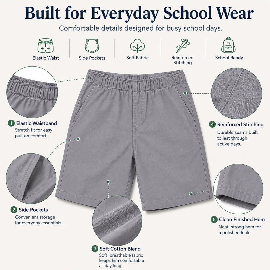 Boys Elastic Waist Shorts: Cotton Casual School Uniform