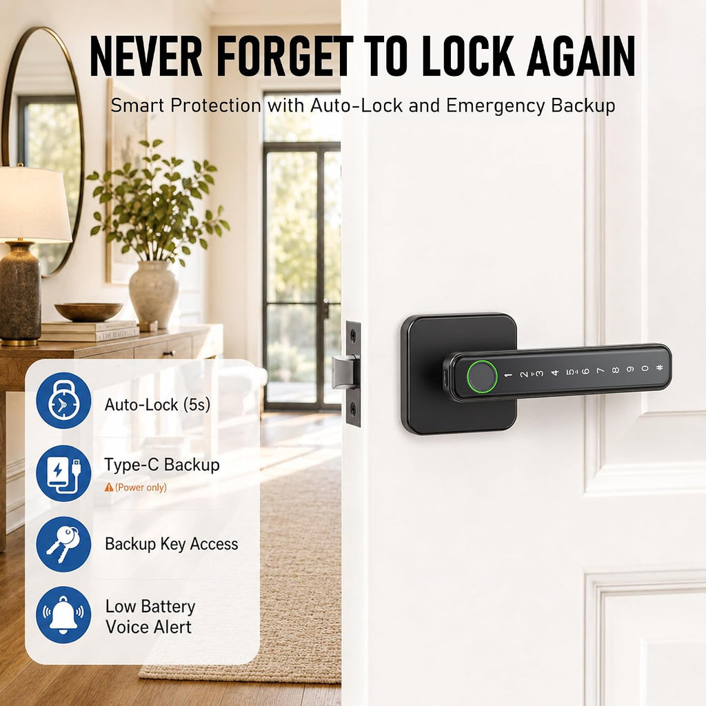 Smart Fingerprint Door Lock Knob, Biometric Keyless Entry Bedroom Handle