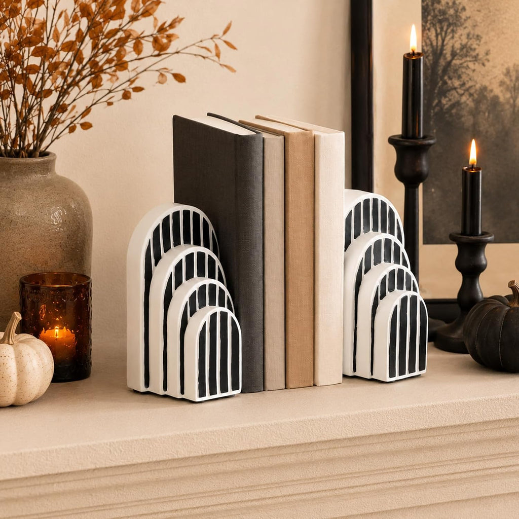 Modern Striped Arch Bookends Set of 2 Resin Black White Geometric Shelf | Stylish modern striped arch bookends