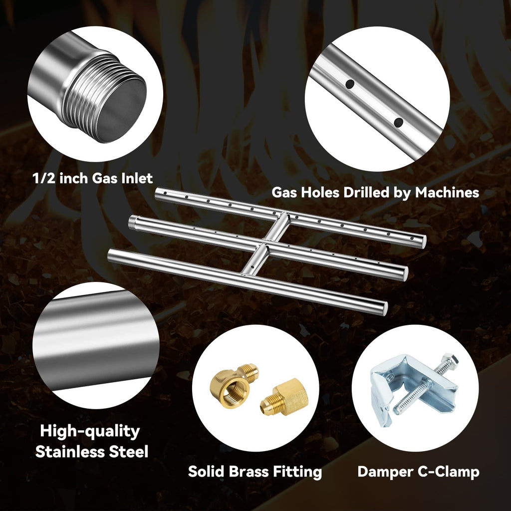 12" x 6" Rectangular Gas Fire Pit H-Burner 304 Stainless Steel