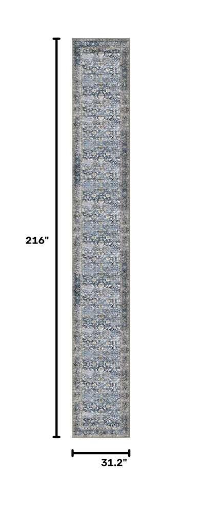 Vintage Washable Long Runner Rug 2.6x18 Blue Grey Beige Hallway Rug