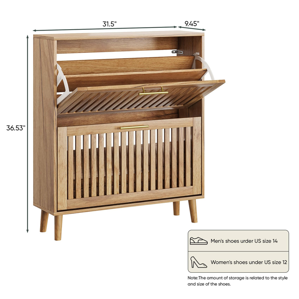 Shoe Storage Cabinet with 2 Flip Slatted Drawers, Narrow Freestanding Shoe Cabinet with Gold Handle, Hidden Entryway