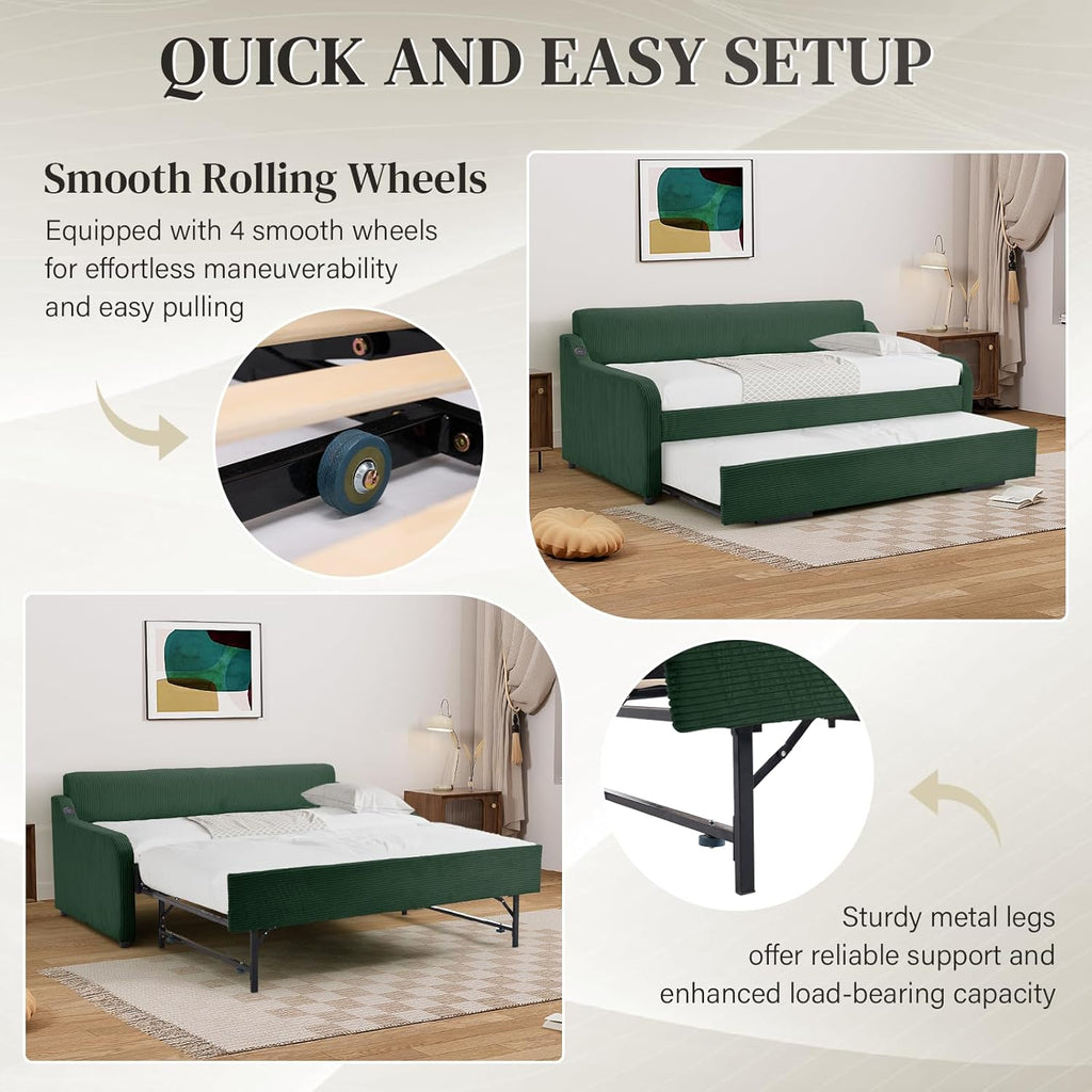 Twin-to-King Daybed with Pop-Up Trundle, USB Port, Corduroy, Green | Twin-to-king daybed with pop-up trundle