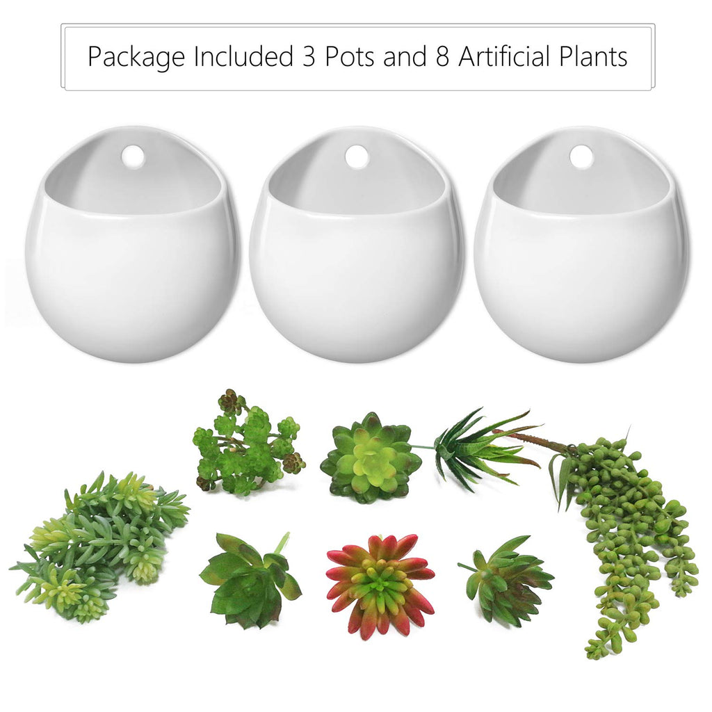 Wall Planter Ceramic Hanging Pot with Artificial Fake Plants, 3 Pack