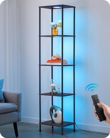 Floor Lamp with 5-Tier Display Shelf, 3 Modes Remote, Black
