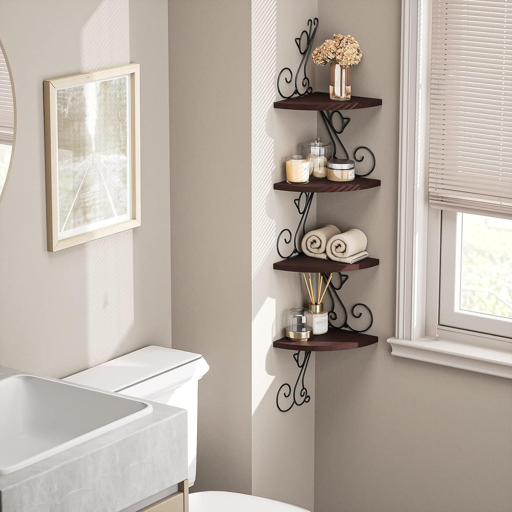 4-Tier Cat Shaped Corner Floating Shelf Wall Mount, Walnut