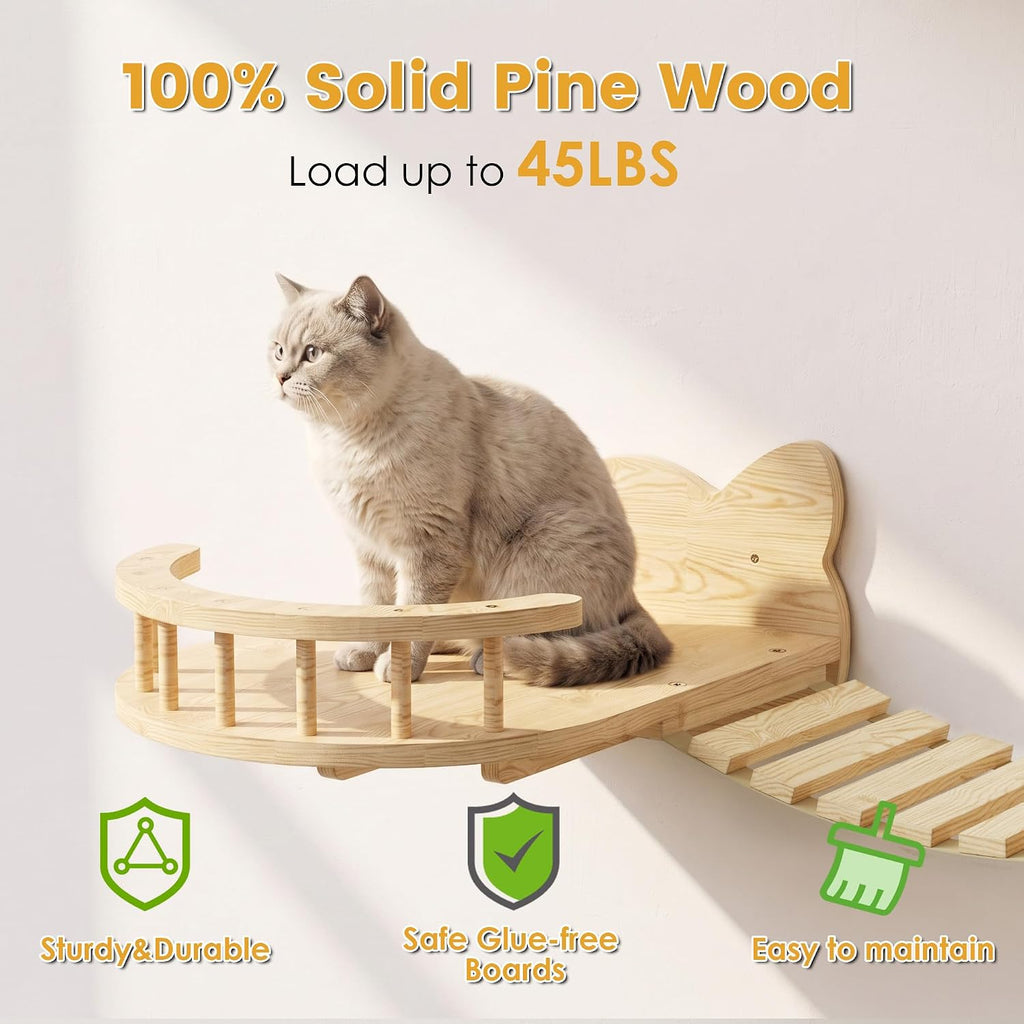 16-in-1 Cat Wall Shelves, Solid Pine Wood Cat Climbing System with Tunnel, Perch, Bridge, Condo and Sisal Scratching