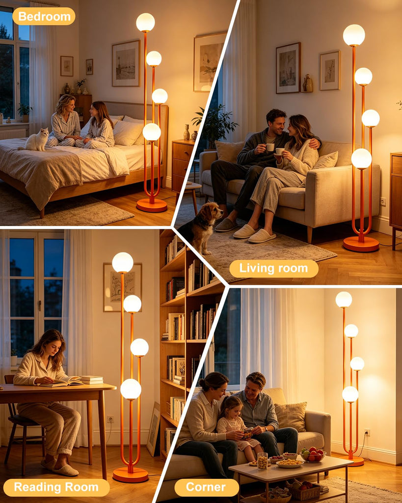 4-Globe Dimmable Orange Floor Lamp, 63IN Standing Tall Lamps with 3000K Bulbs for Reading, Mid Century Modern Floor