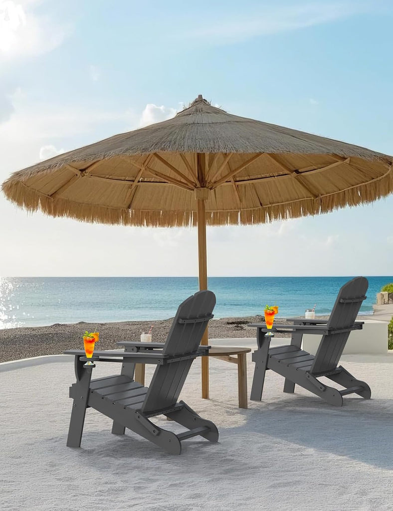 Folding Adirondack Chair, Wooden Textured Plastic Adirondack Chairs with 2 Cup Holder, Weather Resistant HDPE Fire