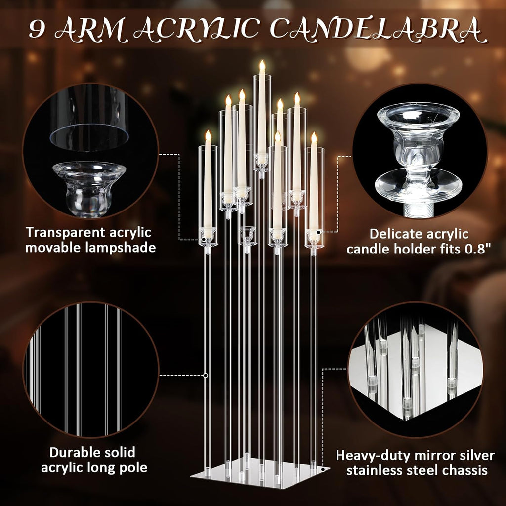 Tessco 4 Set 9 Arm Acrylic Candelabra Candle Holder 42.5'' Clear Candelabra Centerpieces, Candlesticks Holder with