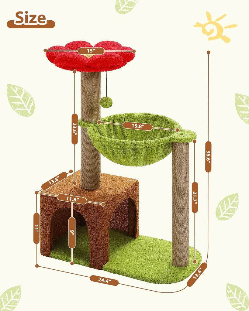 35" Flower Cat Tree for Kittens with Hammock & Sisal Posts, Brown