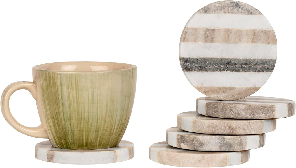 Handcrafted Marble Round Coasters with Striped Inlay White & Grey Marble Coasters for Wine Glasses, Drinks - Set of 6