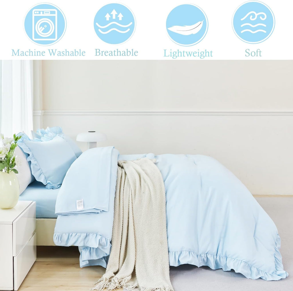 5 Pieces Light Blue Full Bed in A Bag for Kids Girls Ruffle Bedding Sets Boho Comforter Set Vintage Farmhouse Bedding