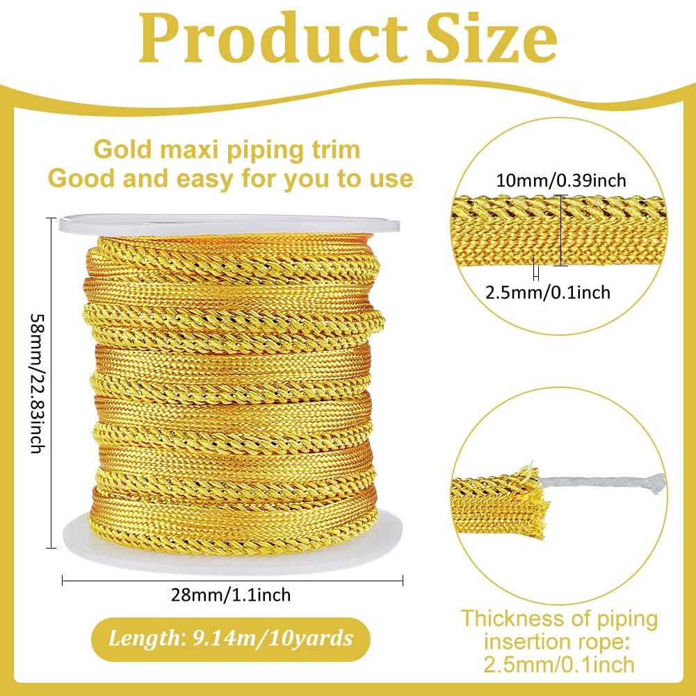 Metalic Gold Cord-Edge Piping Trim 3/8 inch Inch Gold Flat Filigree Ribbon Braid for Dress Costume Sewing - 10 Yard