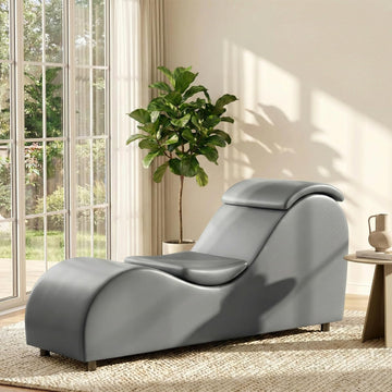 S-Curved Yoga Chaise Lounge, Faux Leather Stretching Chair, Grey