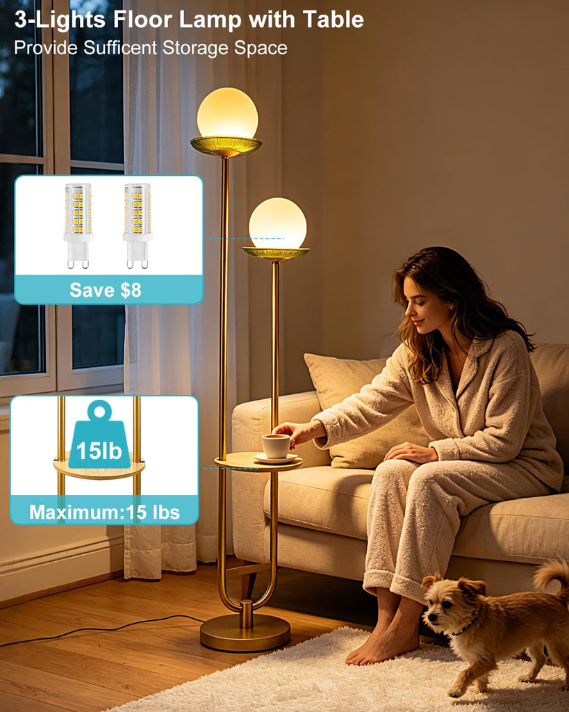 2-Globe Gold Floor Lamp Dimmable with Green Glass Tray Tall Lamp