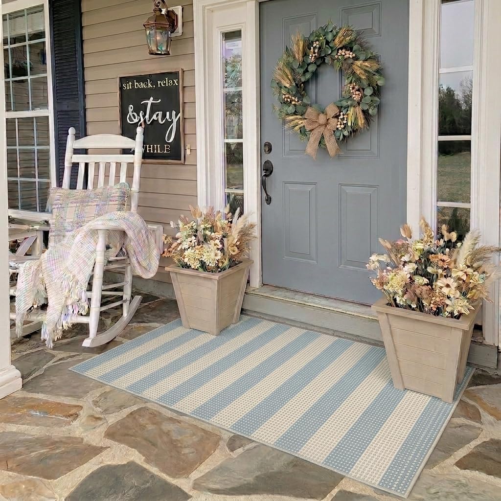 Coastal Outdoor Patio Rug Washable Striped Front Porch Mat