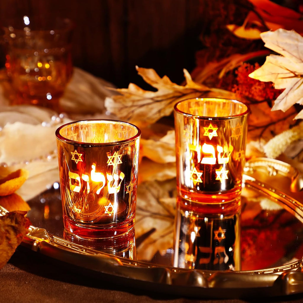 Shabbat Candles Holders Gold Jewish Judaica Gift Set Electroplated Glass Modern Shabbat Candlestick Holders - Set of 2
