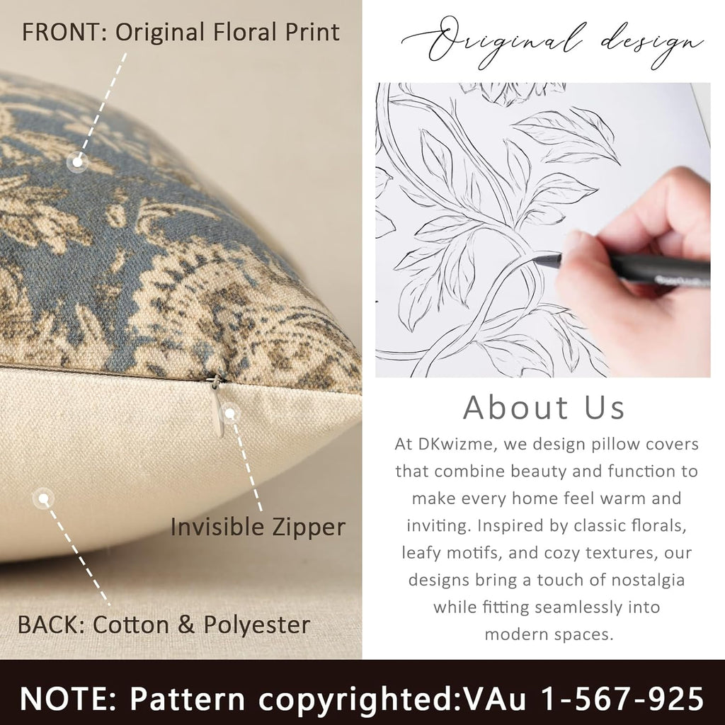 Vintage Floral Print Throw Pillow Covers 18x18 Set of 2 Neutral Modern Farmhouse Pillowcase Accent Decorative Cushion