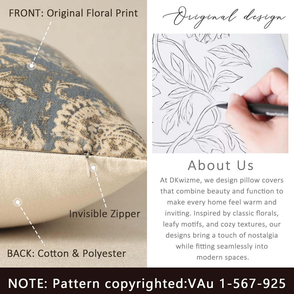 Vintage Floral Print Throw Pillow Covers 20x20 Set of 2 Neutral Modern Farmhouse Pillowcase Accent Decorative Cushion