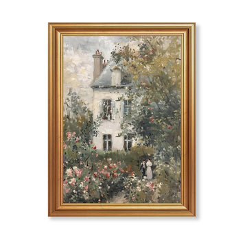 Impressionist Framed Canvas Wall Art House in Garden 12x16 inches