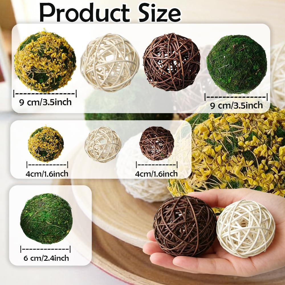 Decorative Balls for Bowls, Mixed Moss Balls, Rattan Wicker Orbs & Dried Floral Sphere Bowl Fillers Decor Table - Set of 18