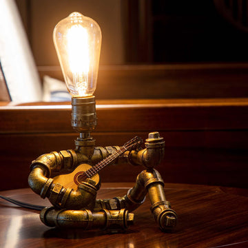 Music Guitar Table Lamp, Steampunk Table Lamp, Retro Guitars Steampunk lamp, Cool Industrial Metal Tube Robot Lamp Gifts