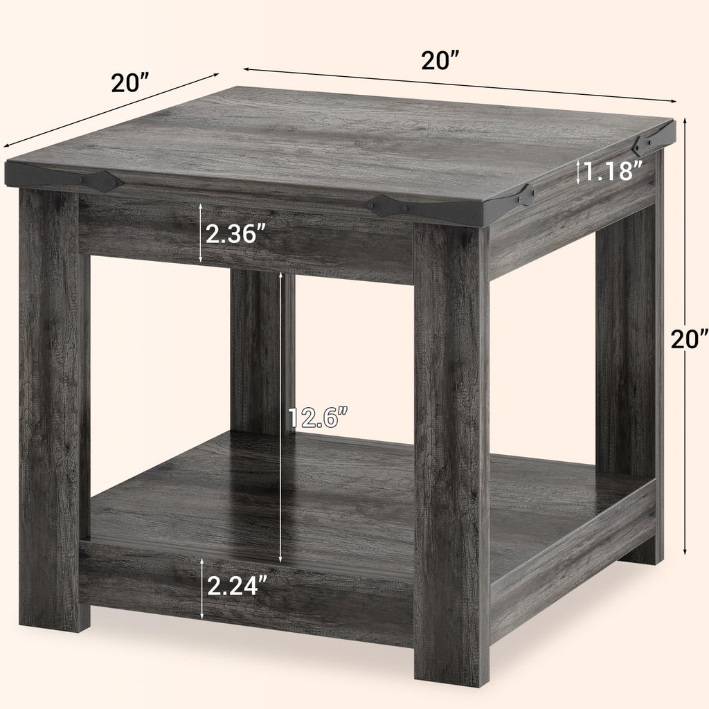 20" End Table with Storage Shelf, Farmhouse Bedside Table, Grey