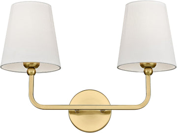 2 Light Bathroom Vanity Light, Brushed Gold Double Wall Sconce with Flared White Fabric Shade, Modern Sconces Wall