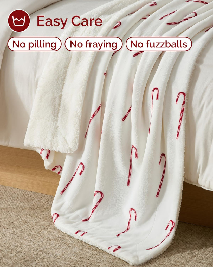 Christmas Sherpa Blanket Throw Size, Reversible Blanket - Candy Cane, 50x60