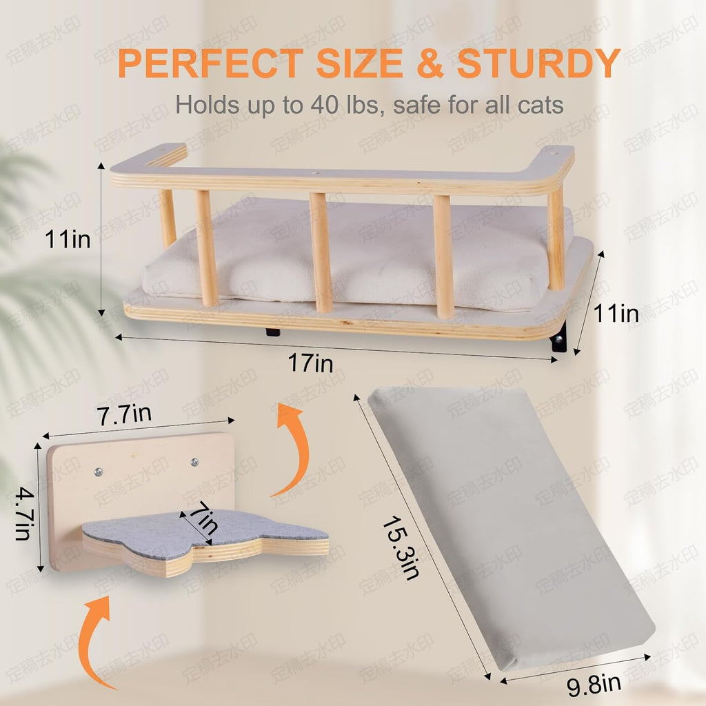 Large Cat Wall Shelves with 5 Steps - Heavy Duty Cat Wall Furniture, Climber, Shelves & Perches with Comfy Cushion &