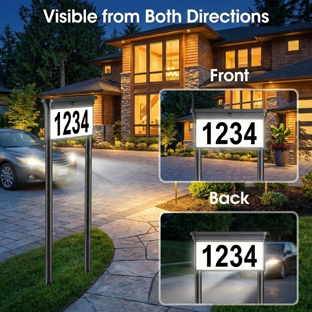 Solar Address Sign for Yard: 29" Double-Sided Lighted House Numbers with 12 Color Modes, 2-in-1 Dual Mounting (Stake